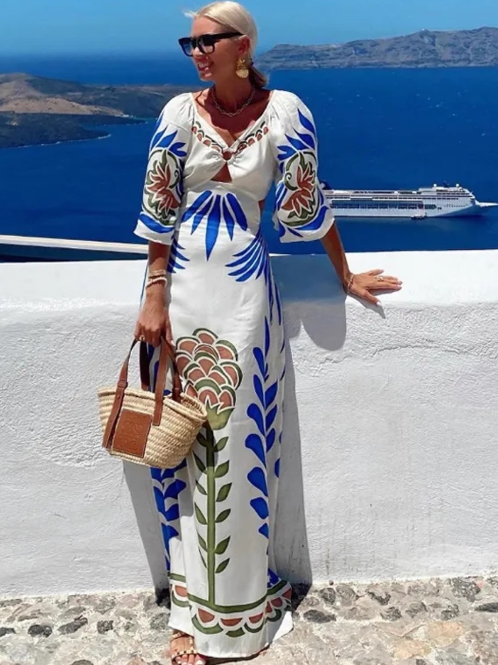 V-neck White Maxi Dress w/ Blue, Red, Green Floral Print/Cut-Out Front/Open Back